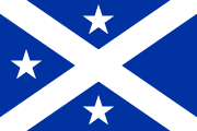 blue, white saltire, three white stars