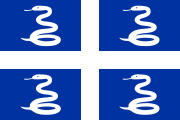 Snake flag of Martinique: blue with a white cross surrounded by four coiled snakes