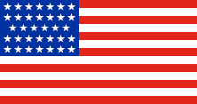 13 red-white stripes, blue canton, 34 white stars